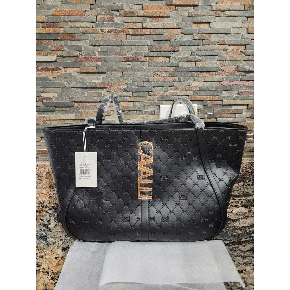 Cavalli Class Tote Bag Black Quilted Logo Satchel Purse Top Handle New